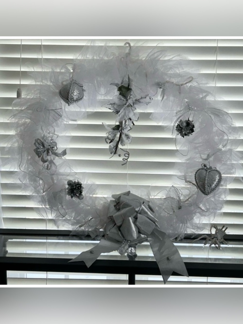 Stunning Silver and White Large Holiday / Christmas Tulle Wreath, White Lights